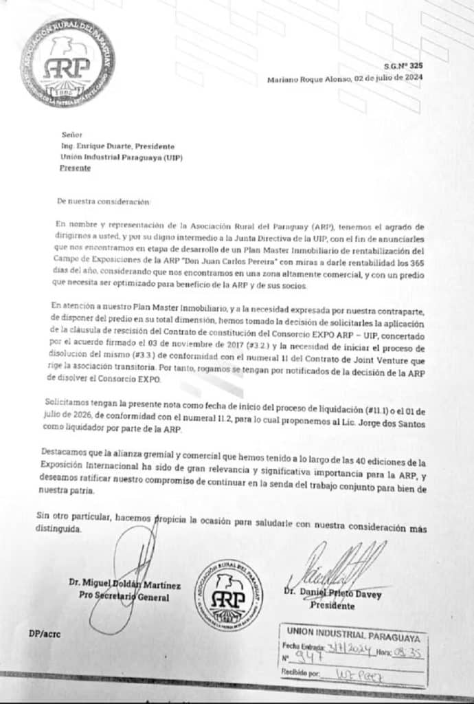 Nota enviada por la ARP a la UIP solicitando la disolución del Consorcio Expo